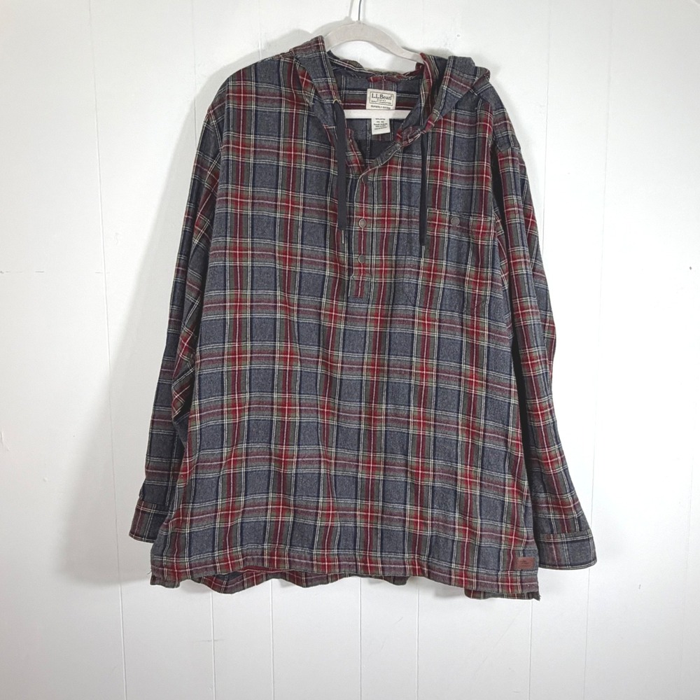 LL Bean Plaid Hooded Flannel Shirt Womens XXL Red Grey Gorpcore Cabincore Grunge
